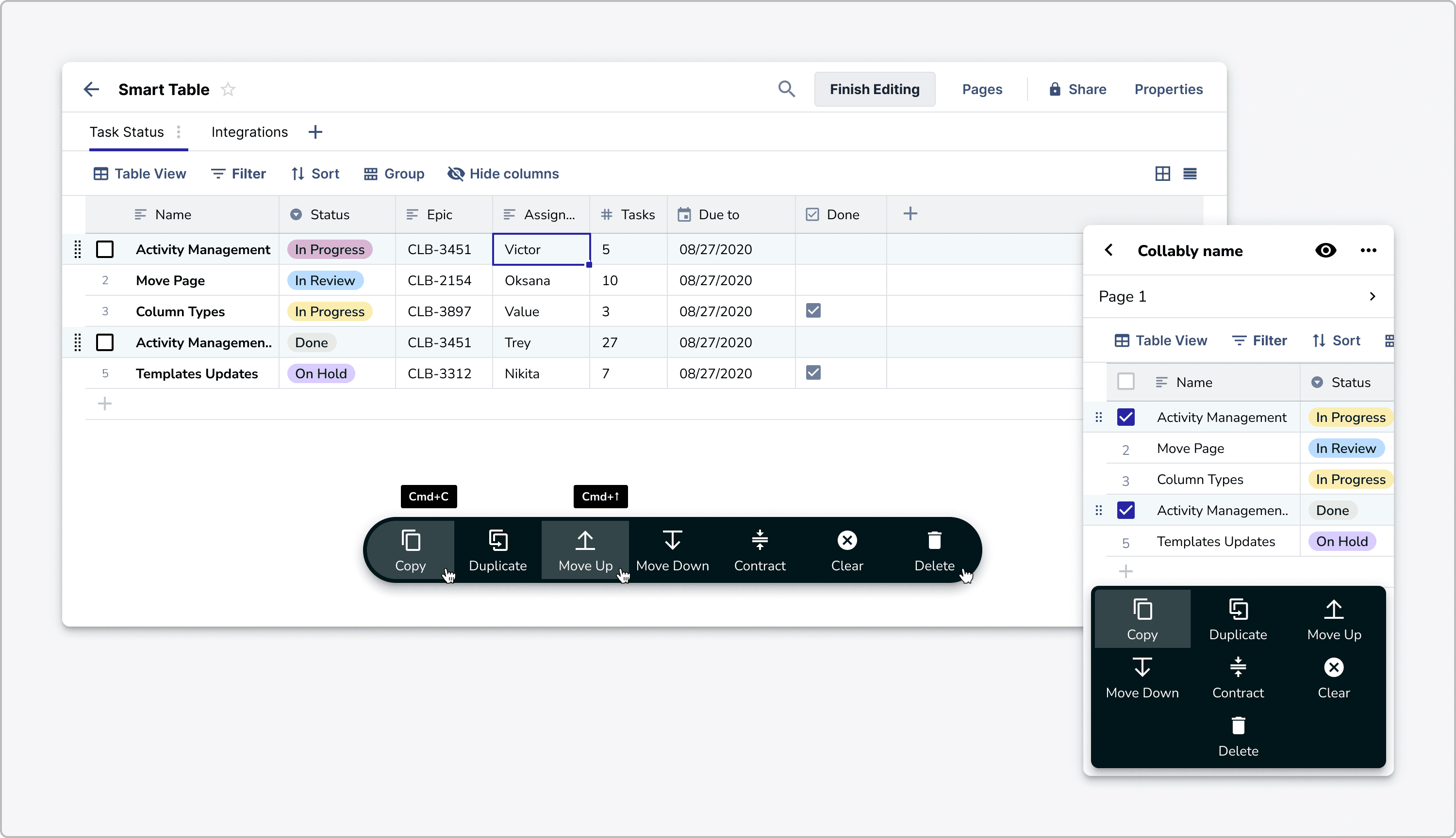 Smart table view with multi-selection controls